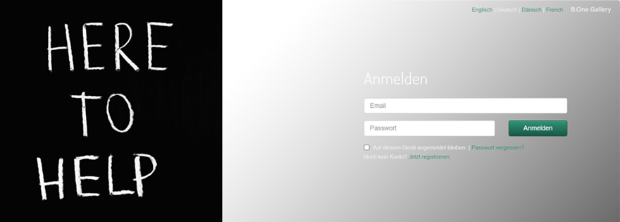 Screenshot der Log-in Seite der B.One Gallery