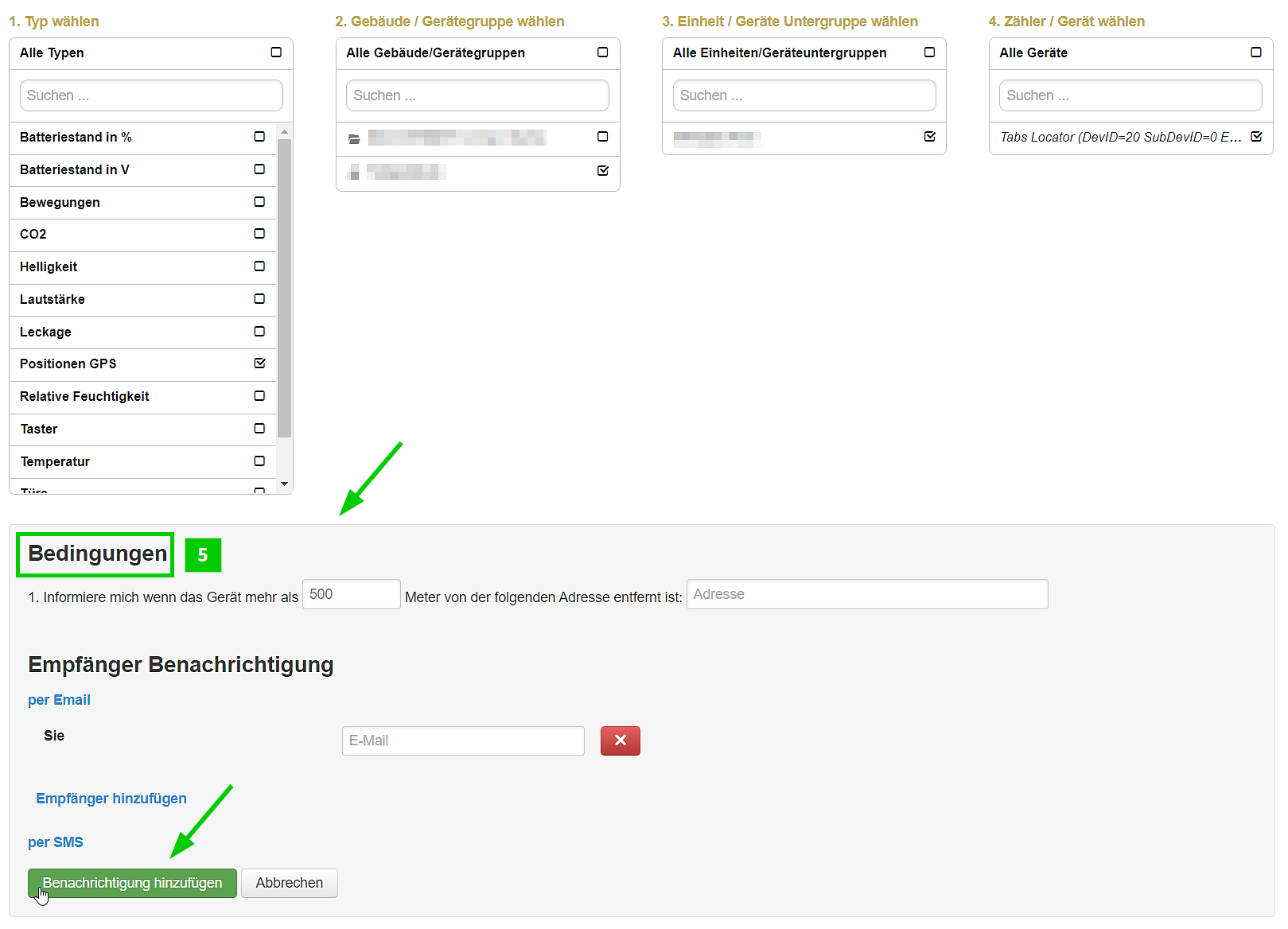 Geofencing in B.One Gallery einrichten Schritt 3: Benachrichtigung konfigurieren (Bedingungen)