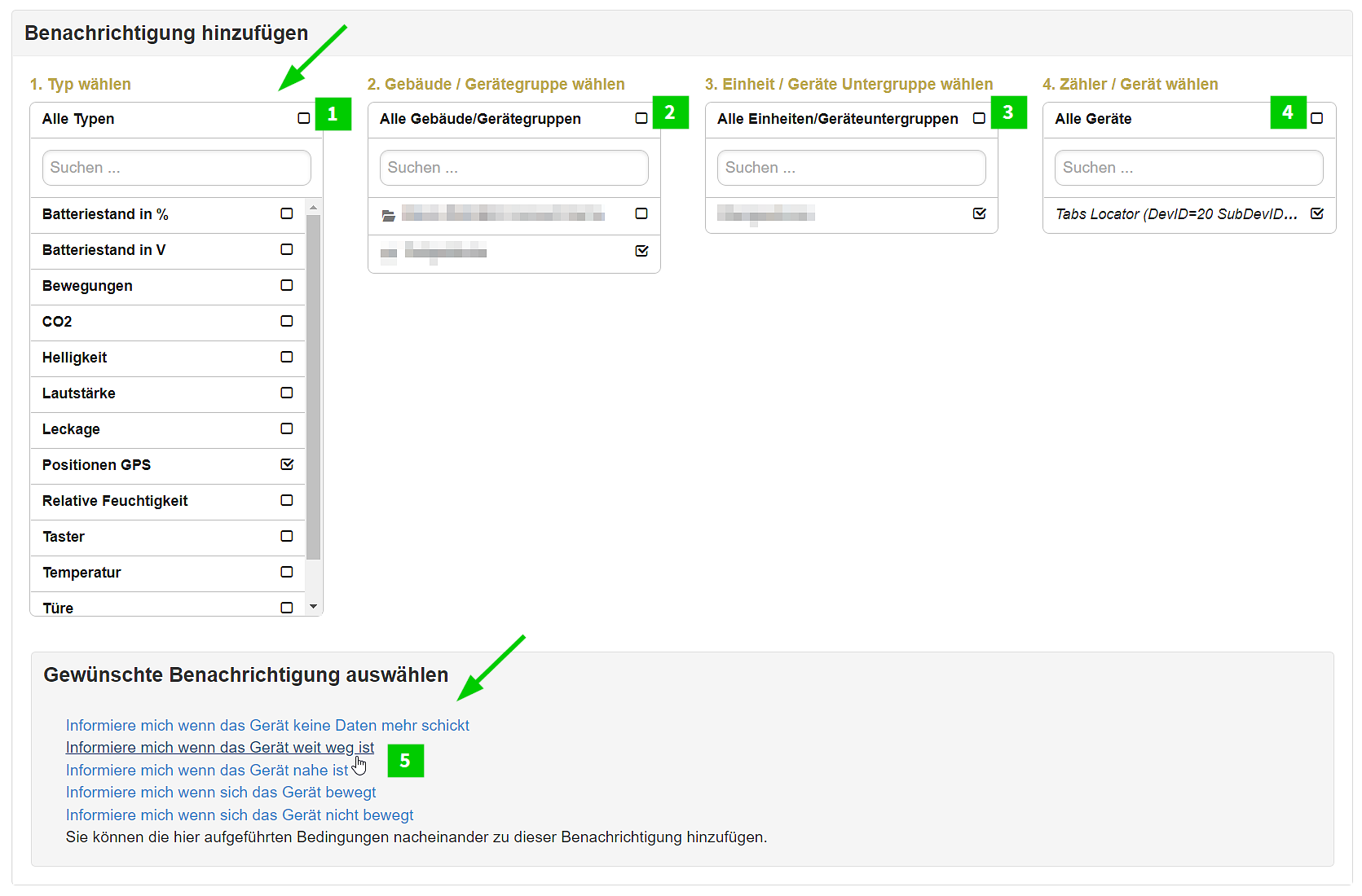 Geofencing in B.One Gallery einrichten Schritt 3: Benachrichtigung konfigurieren (Geräteauswahl)