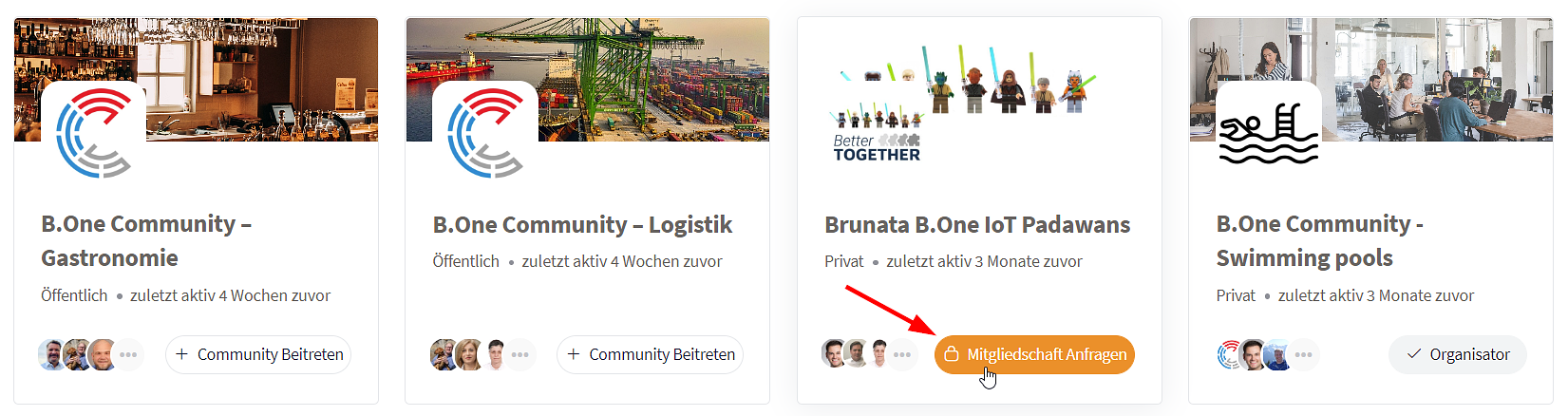 B.One Community: Mitgliedschaft in einer privaten Community anfragen