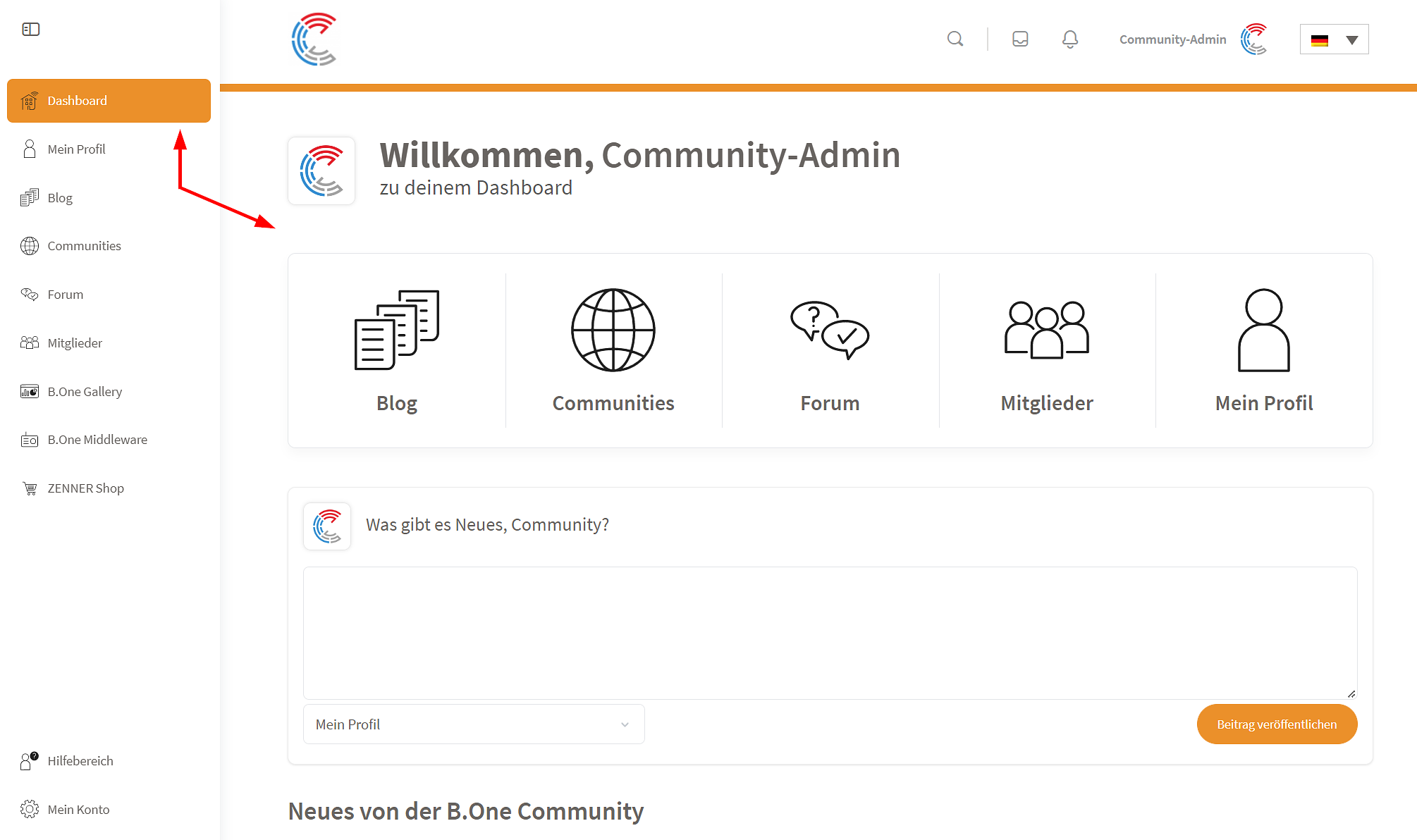 B.One Community: Persönliches Dashboard mit Schnellzugriffen und Activity Feed in eingeloggtem Zustand