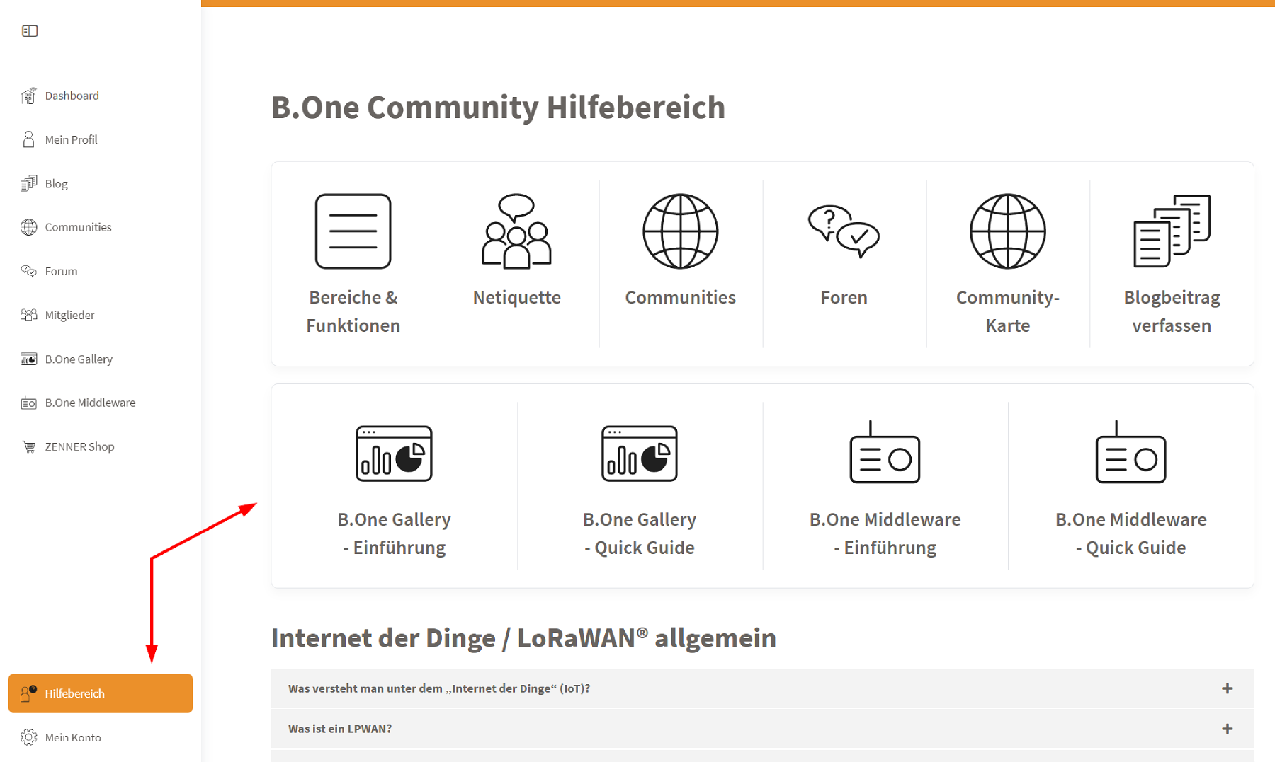 B.One Community: Hilfebereich mit FAQ