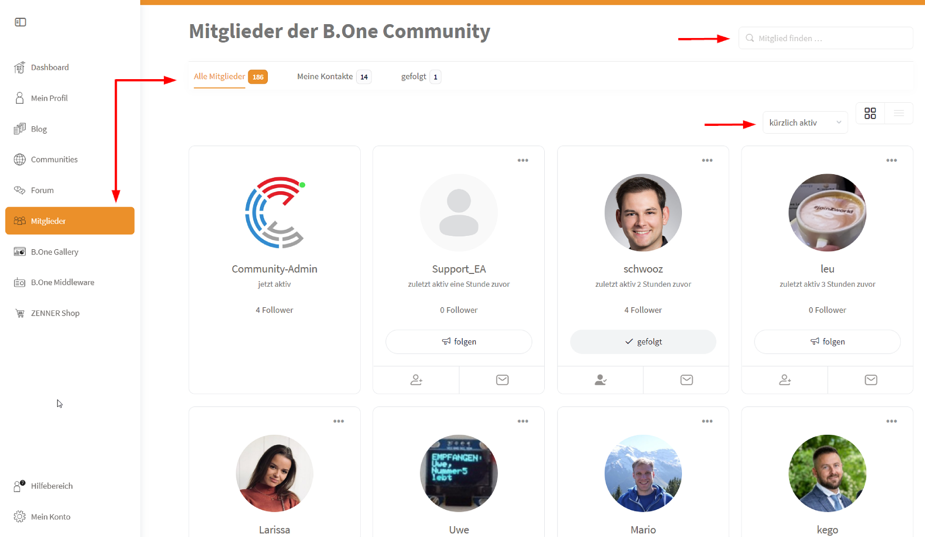 B.One Community: Mitglieder-Bereich