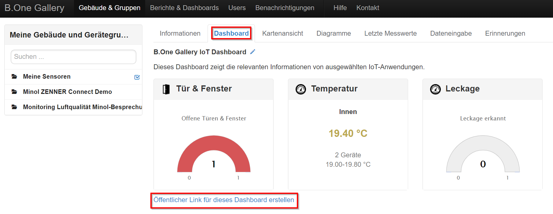 Öffentlichen Link zum Dashboard erstellen in der B.One Gallery