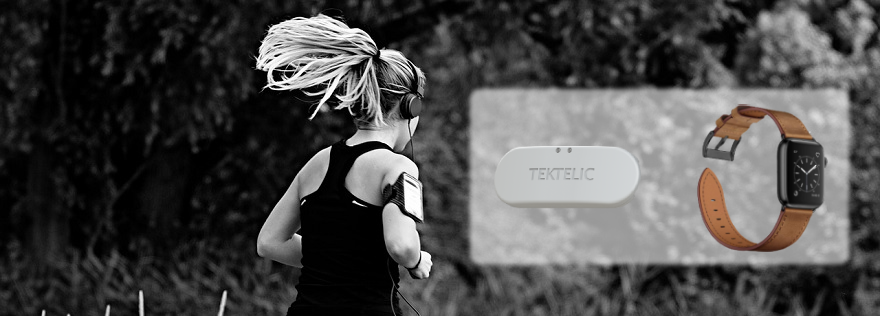 IoT Geräte Tektelic eDoctor Device und Apple Watch neben einer joggenden Frau