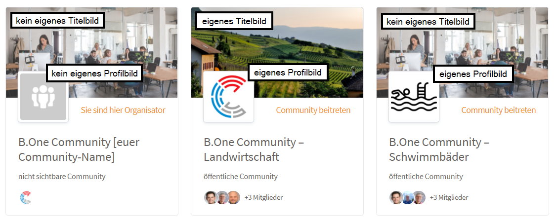 Beispiel Communities mit und ohne Profilbild und Titelbild