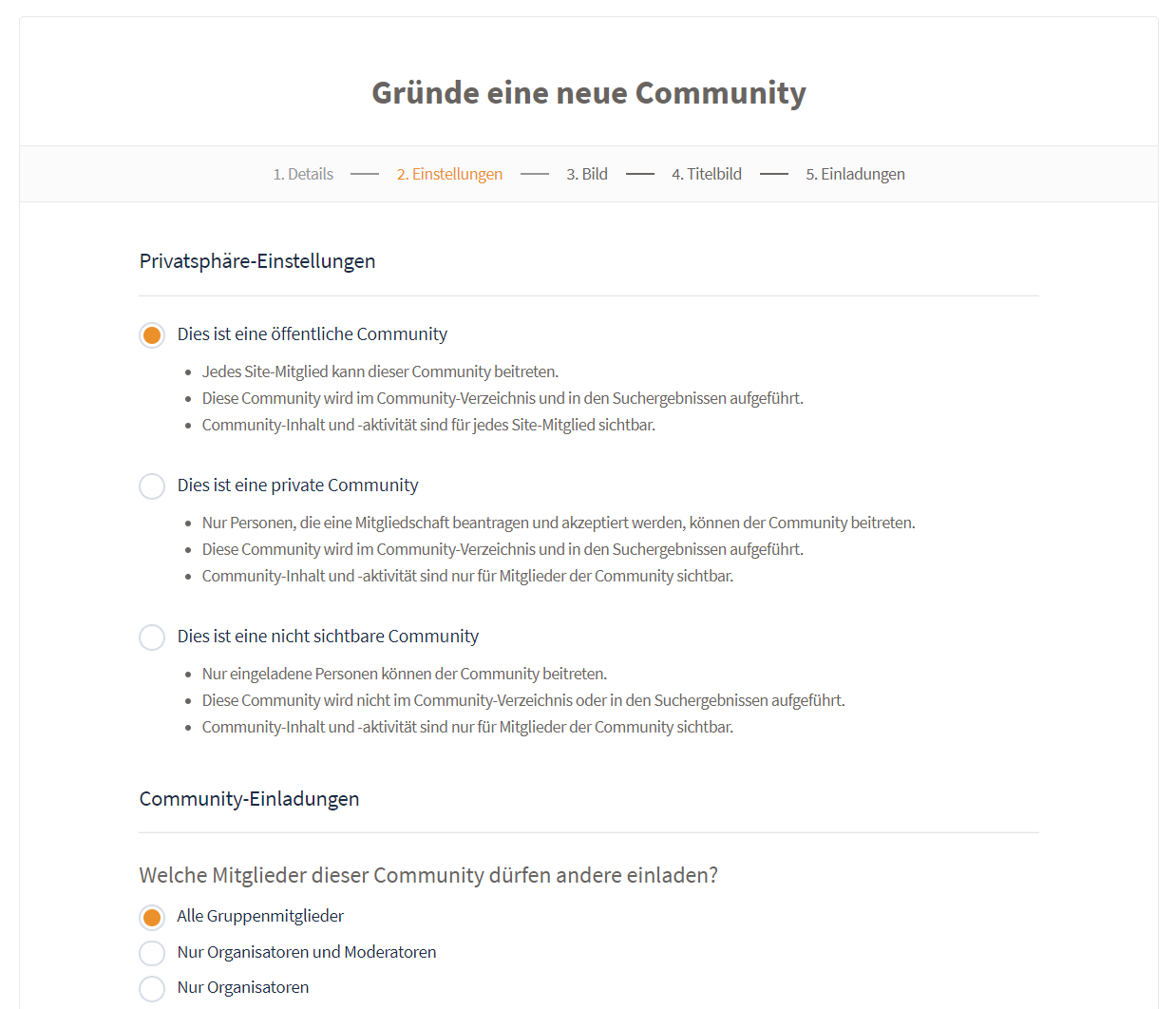 B.One Community gründen Schritt 2: Einstellungen hinterlegen