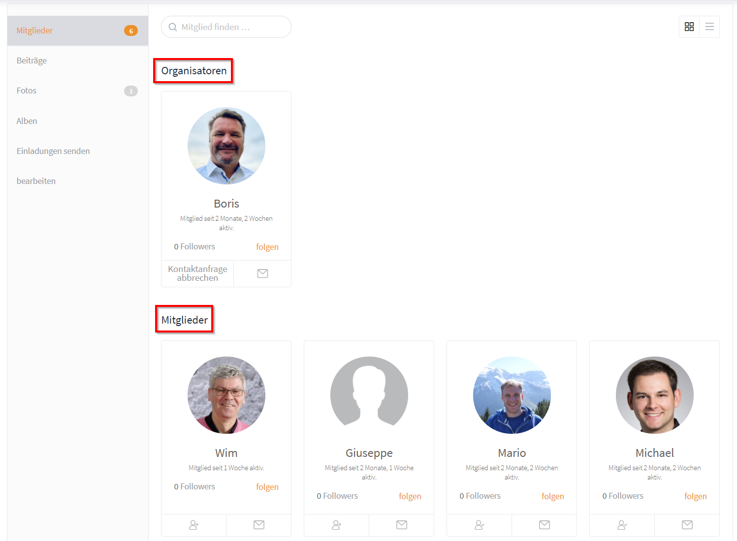 B.One Community Beispielansicht: Mitglieder und Organisatoren