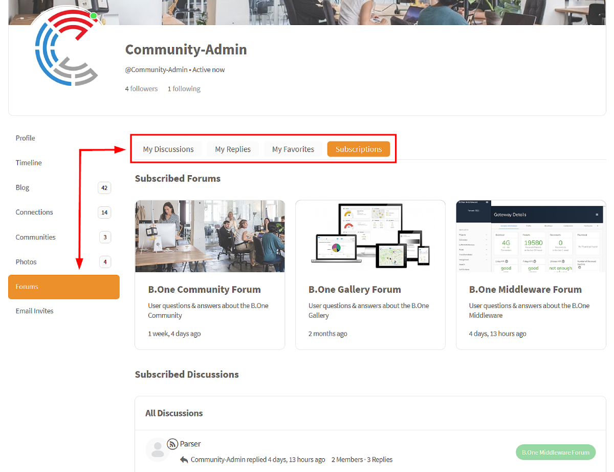 B.One Community: Access forums via own profile