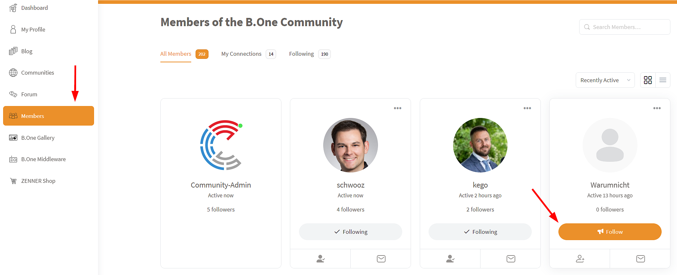 B.One Community: Follow other members (Member Overview)