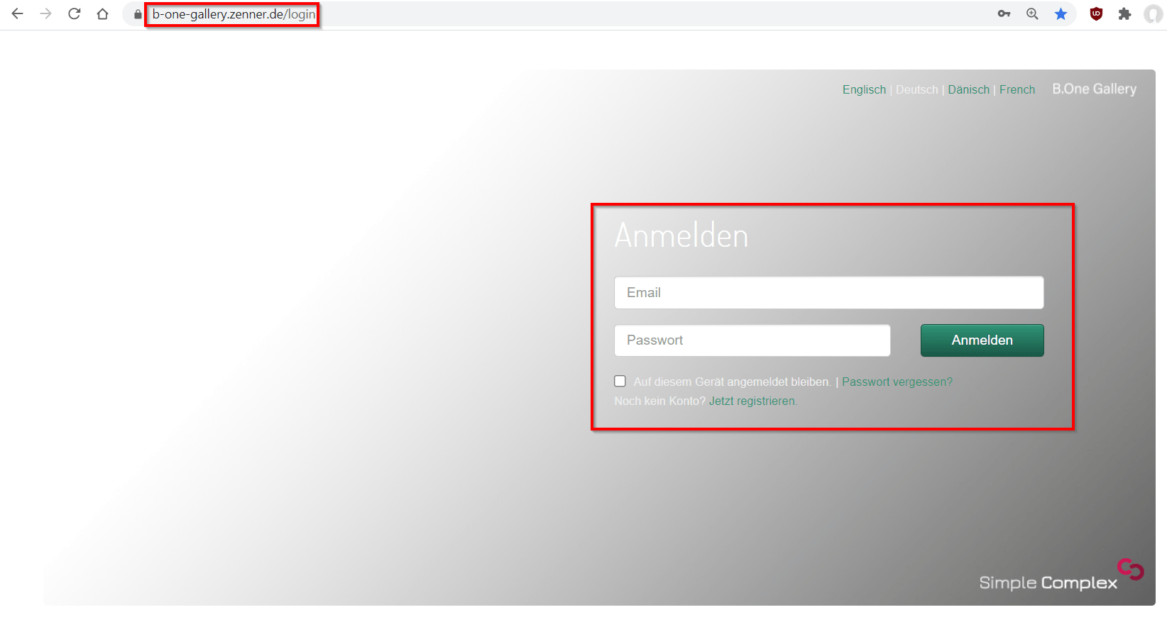 Login page of the B.One Gallery for log-in and registration