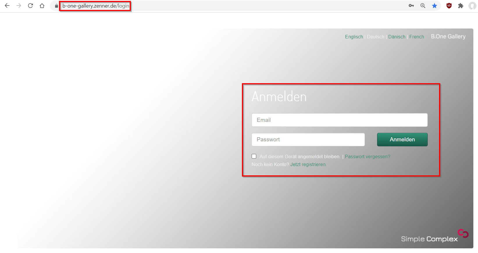 Anmeldeseite der B.One Gallery für Log-in und Registrierung