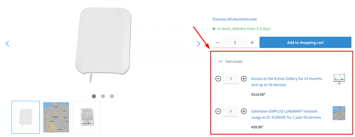 ZENNERShop: Selection of additional services on the product detail page