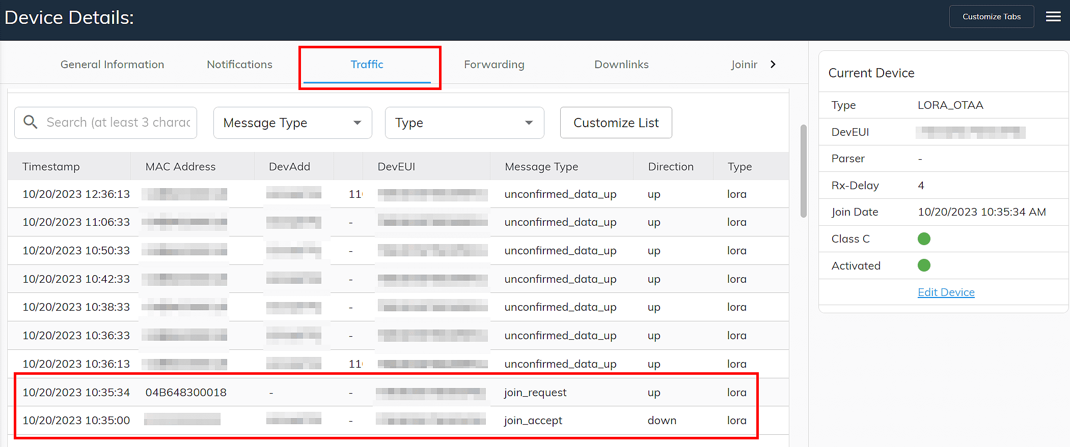 B.One Middleware : Check success of the join process in the “Traffic” tab