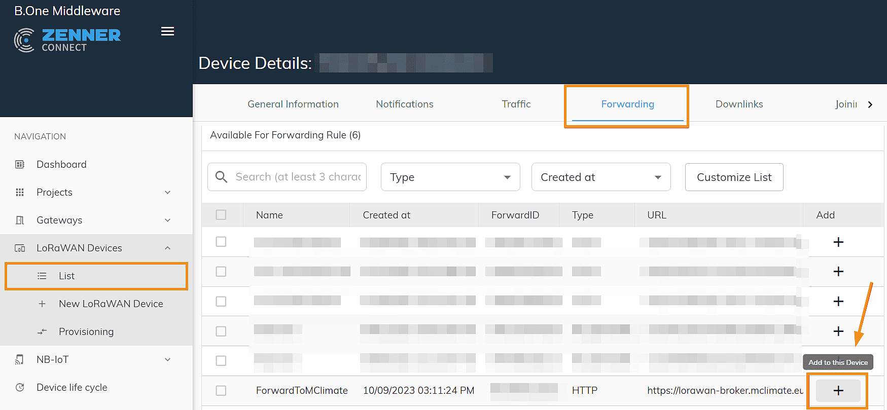 Link ZENNER Datahub with MClimate: Assign forwarding rule to device