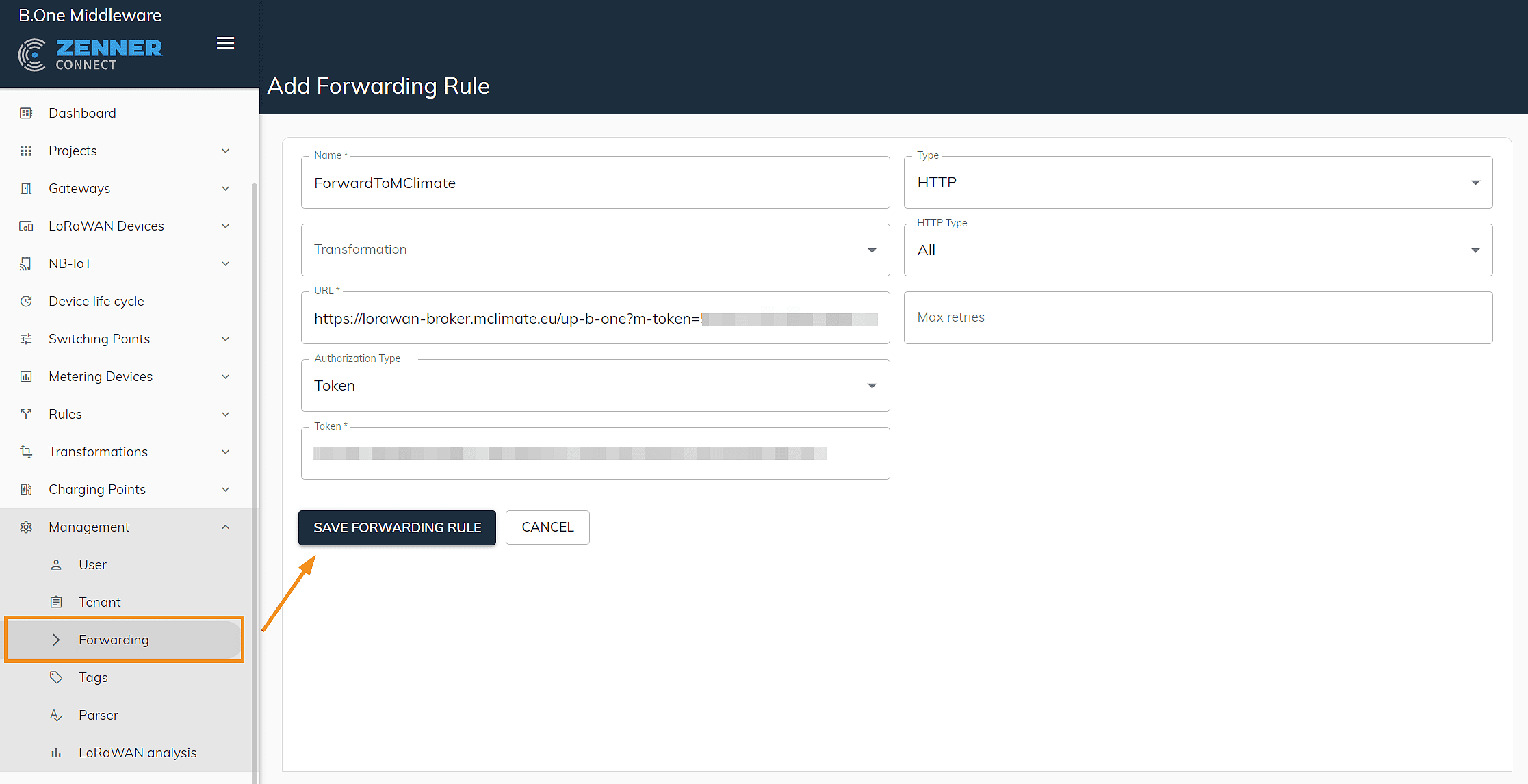 Link ZENNER Datahub with MClimate: Create forwarding rule