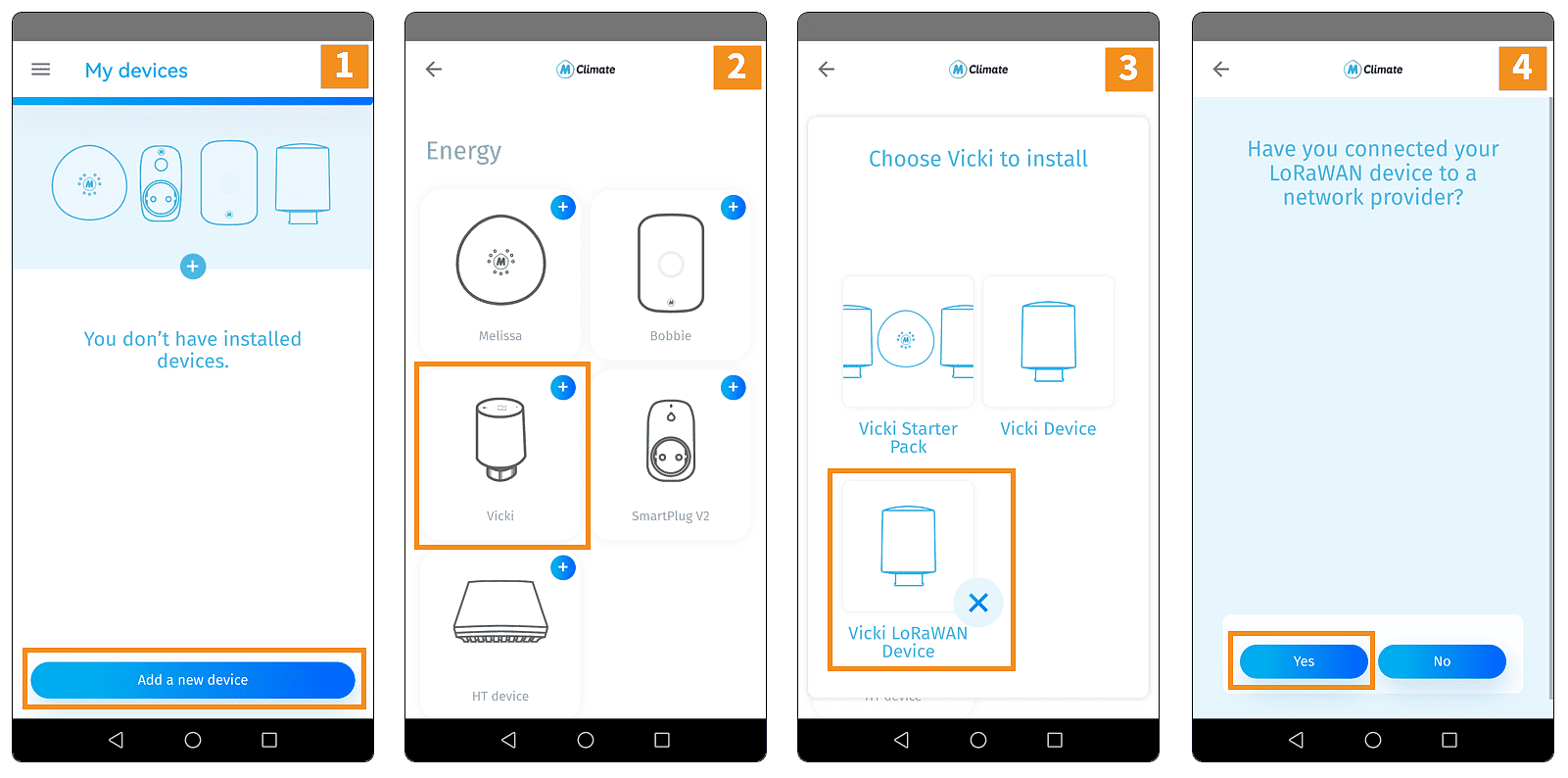 MClimate Home App: Neues VICKI hinzufügen Schritt 1-4