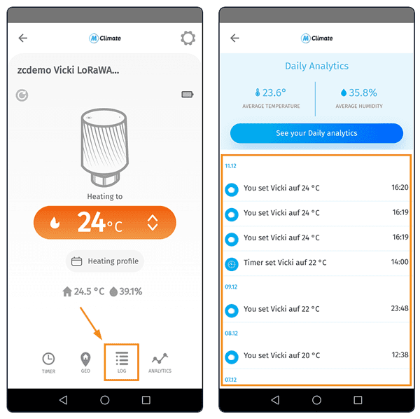 MClimate Home App: Änderungshistorie im Activity Log