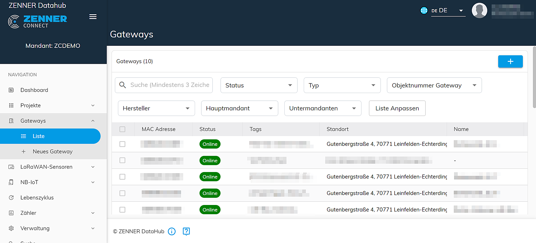 ZENNER Datahub: Gateway-Liste (Beispiel)