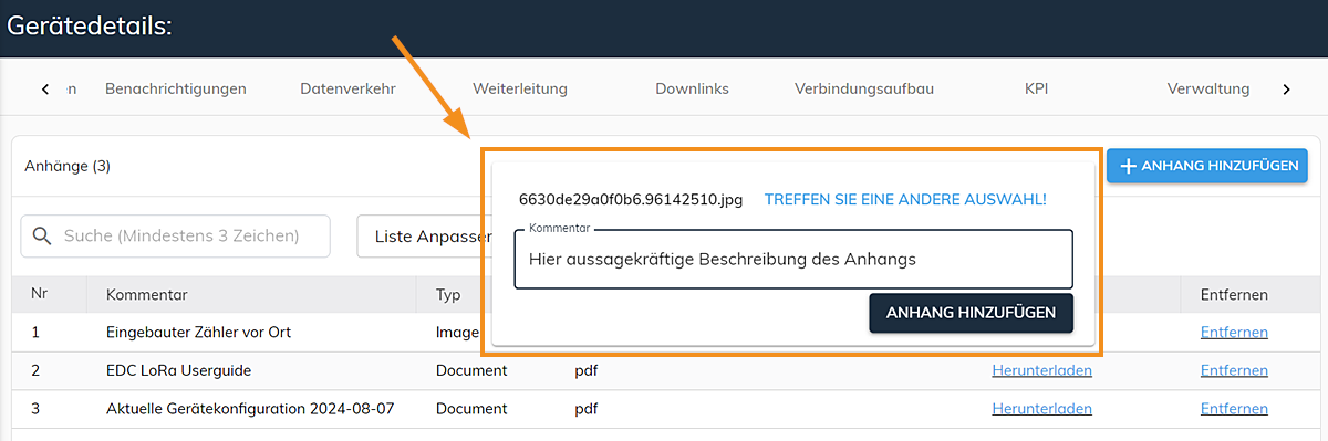 ZENNER Datahub: Anhang zu Geräten hinzufügen mit Kommentar