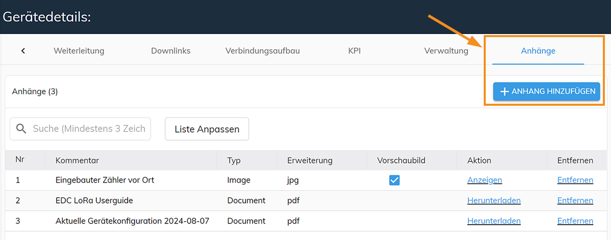 ZENNER Datahub: Anhang zu einem Gerät hinzufügen