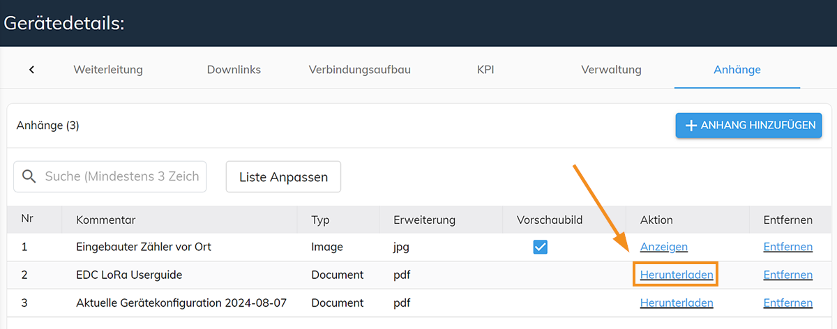 ZENNER Datahub: Herunterladen eines hinzugefügten Dokumentes