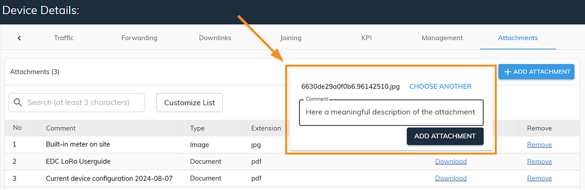 ZENNER Datahub: Add attachment to devices with comment